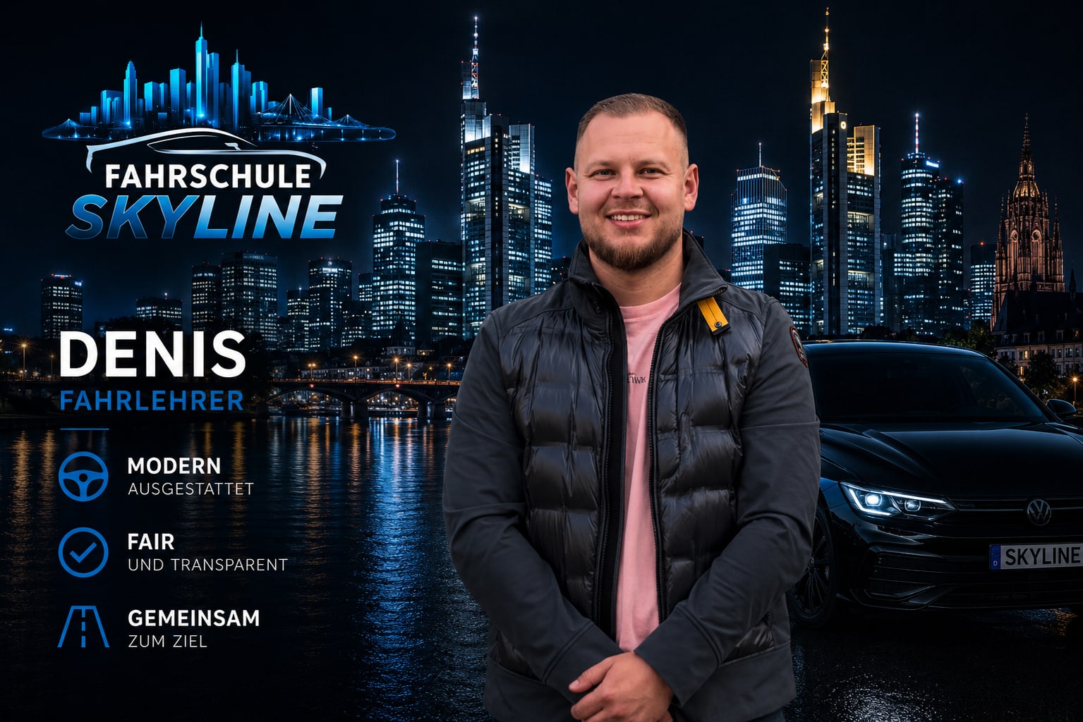 Denis, Fahrlehrer der Fahrschule Skyline Frankfurt, vor der Frankfurter Skyline